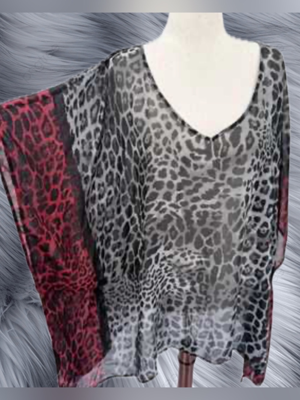 Lane Bryant Sheer Leopard/Print Kaftan Top w/ Vibrant Red Accent Batwing Sleeves